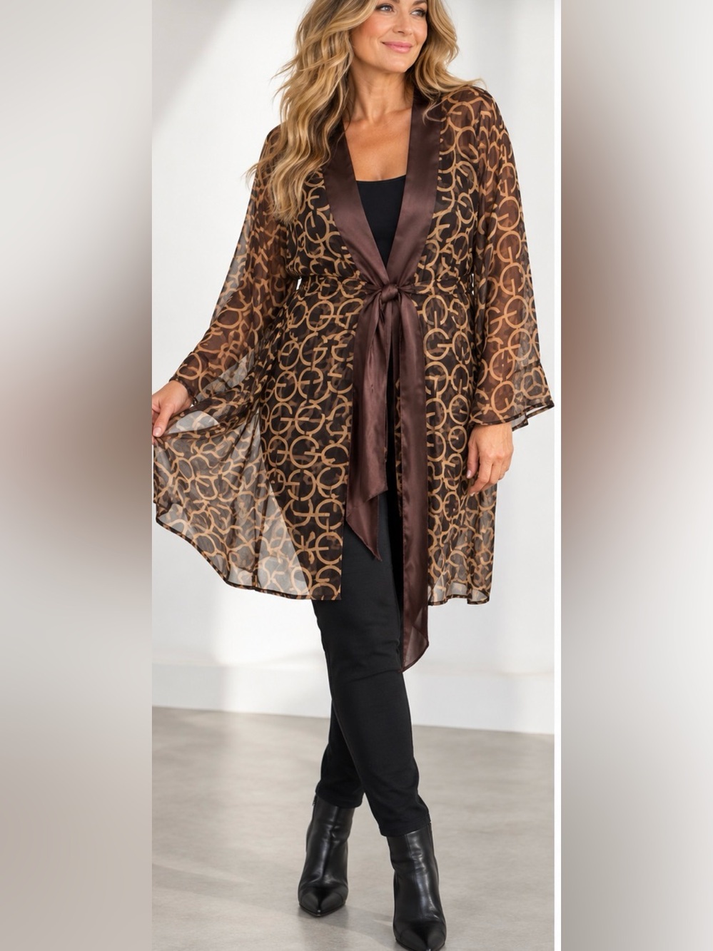 Lady Belle Printed Tie-Front Tunic in Brown & Black
